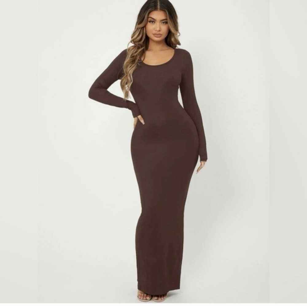 NWOT SHEIN EZwear Women Brown Knitted Crew Neck Long Sleeve Maxi Dress Sz XS